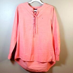 Tommy Hilfiger long sleeve coral top with front cross tie. Size small petite